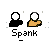 Pixel art of two figures with white circular heads and black bodies, one holding a brown object, with 'Spank' text below, showing animation changes including a question mark and motion lines.