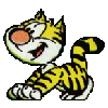 Yellow and black striped cartoon tiger with orange nose in multiple poses including crouching, sitting, and lying down against gray background.