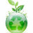 Green recycling symbol inside a translucent sphere with sprouting leaves on top, displayed in two variations showing different crop positions.