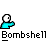 Pixel art buddy icons with repeated 'Bombsshell' text, featuring blue-shirted figures and a blonde woman in purple clothing against gray background.