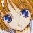Pixelated anime-style character with brown hair and blue eyes, displayed in a of six showing text variations above the head