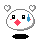 Pixelated white rounded character with black square eyes, red blush marks, and blue ear-like shapes; four variations show mouth expressions changing from smiling to frowning while hearts float above.