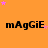 Orange background with repeated 'mAgGiE' text and pink star animations.