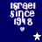 Blue background with white pixelated text 'israel since 1948' and a small heart below, alternating between a white star and a gray star in the center.