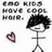 Pixelated stick figure with spiky black hair holds a pink heart, text reads 'emo kids have cool hair.'