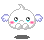 Pixelated white character with blue eyes, pink cheeks, and purple wing-like shapes on sides; gray background with dark shadow beneath.