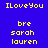 Blue background with yellow pixelated text 'ILoveYou', 'bre', 'sarah', 'lauren' arranged in a , with cyan rectangular bars appearing in different positions across frames