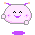 Pixelated pink character with purple antennae and cheeks, showing three distinct facial expressions