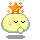 Pixelated character with closed eyes, pink blush marks, and a yellow rounded body on gray background.