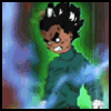 Animated character with dark hair and green outfit surrounded by blue energy, showing facial expression changes