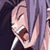 Pixelated anime-style close-up of a character with purple hair and closed eyes, mouth open in an expressive pose against dark background.