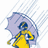 Pixelated image of a figure in yellow raincoat holding purple umbrella under diagonal white lines on light background, with text "Love" and "Rainy Days." below.
