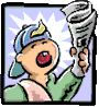 A cartoon character shouts while holding a newspaper, next to a person writing and a document with bar charts.