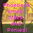 Pixelated image with pink text overlay reading 'Phoebe.M. loves Jules and Ponies!' against a blurred background of yellow, brown, green, and gray tones.