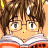 A pixelated anime-style character with brown hair and glasses reading a book, next to stylized text on a black background.