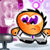 Pixelated orange character with purple eyes and black hair, wearing a white shirt and purple tie, standing in front of a pink and purple background with circular patterns.