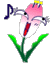 Pixelated flower with pink and white petals, green stem, and yellow stamens; two musical notes flank the flower in different positions across frames.