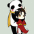 Pixelated image of a panda hugging an anime-style character in red clothing with yellow accents against light gray background.