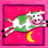 Pixelated cow with green and white patches, pink background, yellow crescent moon below it.