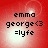 Red background with four identical displaying text 'emma george<3 =lyfe' in black pixelated font, each has a bright white circular glow