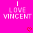 A bright pink background displays repeated pixelated text "I LOVE VINCENT" with red heart symbols in a