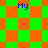Green and orange checkered background with blue text 'My' in four positions, transitioning from square to diamond pattern