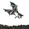 Pixelated black-and-white animation of a winged creature in flight, landing, and crouching poses with grassy ground elements.