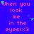 Blue background with pink text repeating 'When you look me in the eyes:<3' and scattered cyan stars.
