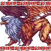 Pixel art creature with eagle head, lion body, and large wings; red text borders top and bottom.