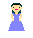Four pixel-art angels with white wings, dark hair, and pink lips stand in a against gray background