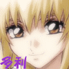 Anime-style character face with blonde hair and brown eyes, featuring purple text in lower-left corner.
