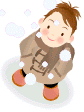 Animated cartoon icon of a child in winter clothing standing on ice with snowflakes, showing three sequential poses.