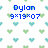 Pixelated blue text 'Dylan' and '9x19x07' over a white background with repeating green and cyan heart shapes.