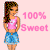 Pixelated image of a person with long brown hair wearing a pink crop top and blue denim skirt, standing against a light pink background with pink text reading "100% Sweet".