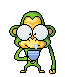 Pixel art monkey with green body and yellow face holding blue bowl, displaying multiple expressions including closed eyes, open mouth, and bubble effects.