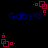 Pixelated blue text 'Gaby<3' with red square-and-dot animation on black background, showing multiple states of the animated element.