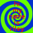 Four identical display red text 'hi my name is riley' over a blue and green spiral background with pixelated edges