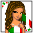 Pixel art contact sheet of 9 frames showing an animated Italian-themed buddy icon with a female character, text variations, and the Italian flag.