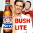 A 48x48 pixel animated contact sheet showing two frames of a political-themed buddy icon featuring a person holding a beer bottle with "BUSH LITE" text and green "Original Icons .com" branding on the right.