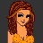 Pixel art of a woman with long brown hair wearing an orange top and white pants, standing next to text reading "Happy Halloween!" on dark background.