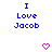 Blue pixelated text "I Love Jacob" appears twice on a white background with two pink heart icons below.