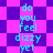 Pixelated cyan text reads 'do you feel dizzy yet' over a shifting purple and pink checkered background.