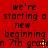 Red background with repeated black text reading 'we're starting a new beginning in 7th grade' and small yellow pixel clusters scattered throughout.