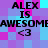Pixelated text displays 'ALEX IS AWESOME' with a heart symbol on a checkered background of purple and cyan squares.