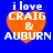 Blue background with four orange heart-shaped icons containing white text reading "i love CRAIG & AUBURN" in pixelated font.