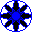Five vertical of blue and black starburst-shaped icons with varying central and peripheral patterns on a gray background