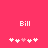 A pink background displays the name 'Bill' above two of pixelated heart symbols with one heart in each changing color from white to light pink