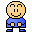 Two pixelated frames of a yellow stick figure character in blue clothing against gray background, showing standing and jumping poses.