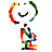Pixelated cartoon character with multicolored limbs and a rainbow arc above its head, set against gray background.