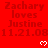 Red background with repeated text 'Zachary loves Justine 11.21.08' and white pixelated hearts, partially cropped at bottom right.
